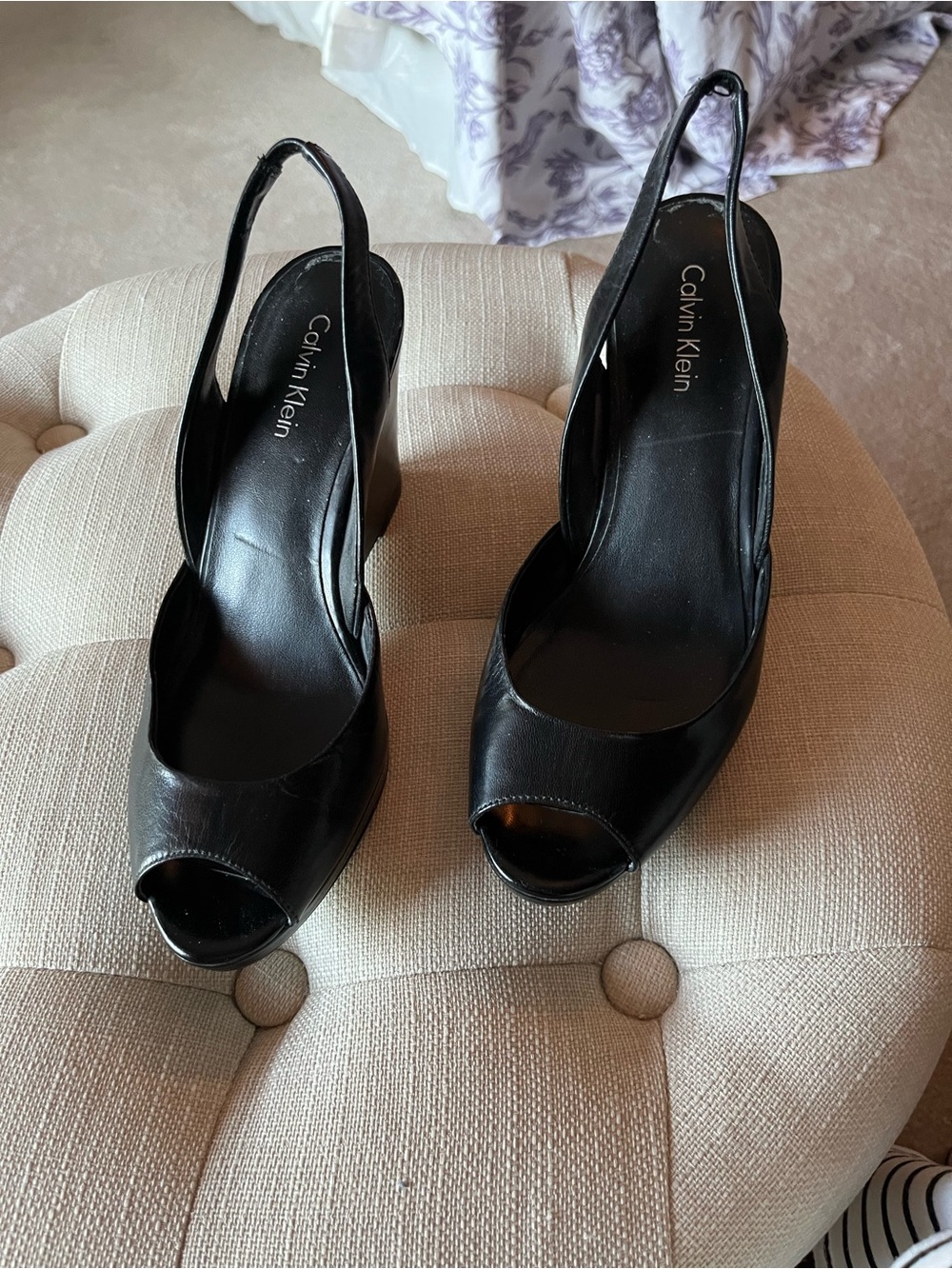 Calvin Klein Black Leather Peep-Toe Slingback Wedges